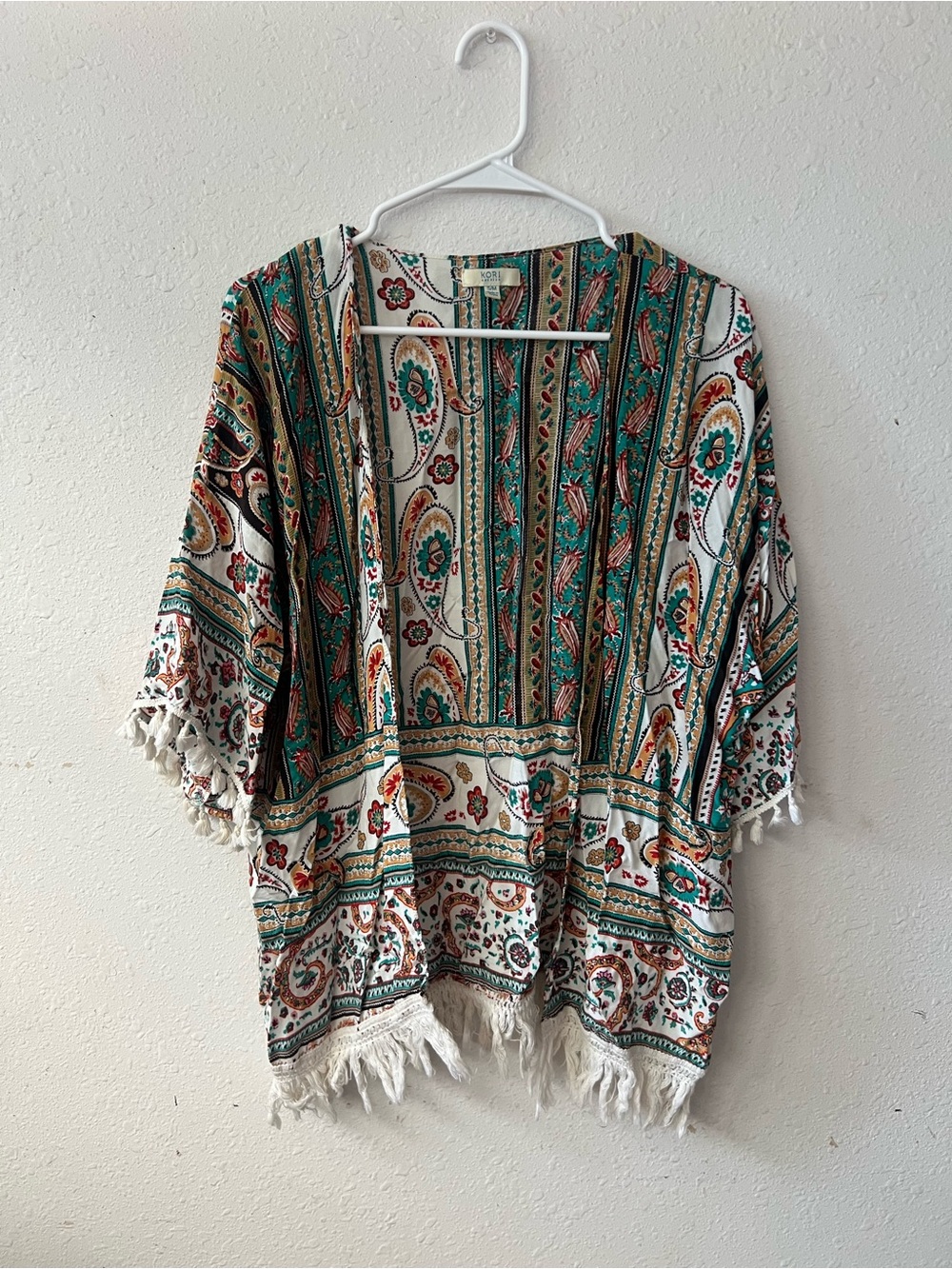 Kori America Bohemian Fringe Kimono Cardigan - Teal & Ivory